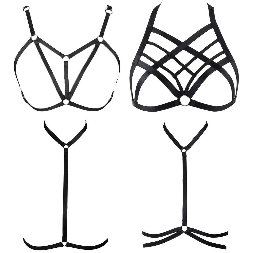 8314 4 Pcs Strappy Cage Bra Sexy Bra Harness Black